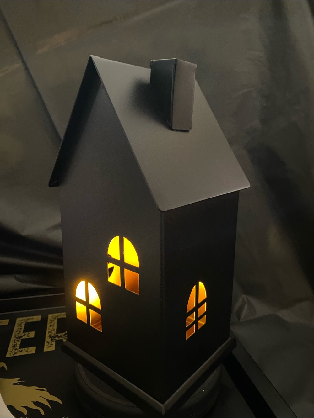 Crate & Barrel Matte Black Metal Haunted House Wiled with LED Warm Glow, Med NIB